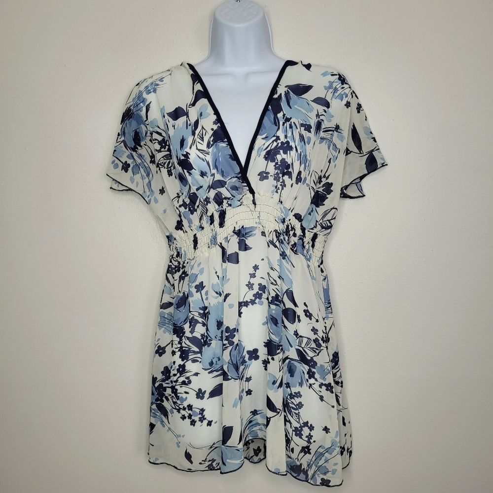 Studio Y Y2k cream blue floral semi-sheer boho elastic waist Flutter Sleeve top